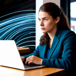 A professional adult, fully clothed in modest business attire, sitting attentively at a table in a modern, well-lit coffee shop. They are engaged with a laptop, displaying a focused but slightly concerned expression. In the background, other blurred patrons create a subtle sense of a public environment. Above the laptop, subtle, abstract light trails or glowing particles subtly emanate outwards, not directed at any specific point, symbolizing the unseen diffusion of data in an unsecured public Wi-Fi environment. The image conveys a professional individual's awareness of digital privacy risks. professional photography, high resolution, soft lighting, sharp focus, natural pose, perfect anatomy, correct proportions, well-formed hands, proper finger count, natural body proportions, safe for work, appropriate content, fully clothed, professional, modest.