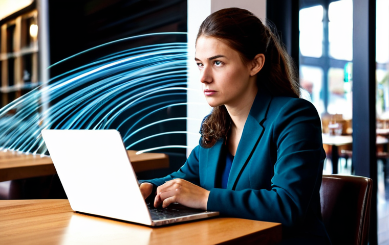 A professional adult, fully clothed in modest business attire, sitting attentively at a table in a modern, well-lit coffee shop. They are engaged with a laptop, displaying a focused but slightly concerned expression. In the background, other blurred patrons create a subtle sense of a public environment. Above the laptop, subtle, abstract light trails or glowing particles subtly emanate outwards, not directed at any specific point, symbolizing the unseen diffusion of data in an unsecured public Wi-Fi environment. The image conveys a professional individual's awareness of digital privacy risks. professional photography, high resolution, soft lighting, sharp focus, natural pose, perfect anatomy, correct proportions, well-formed hands, proper finger count, natural body proportions, safe for work, appropriate content, fully clothed, professional, modest.