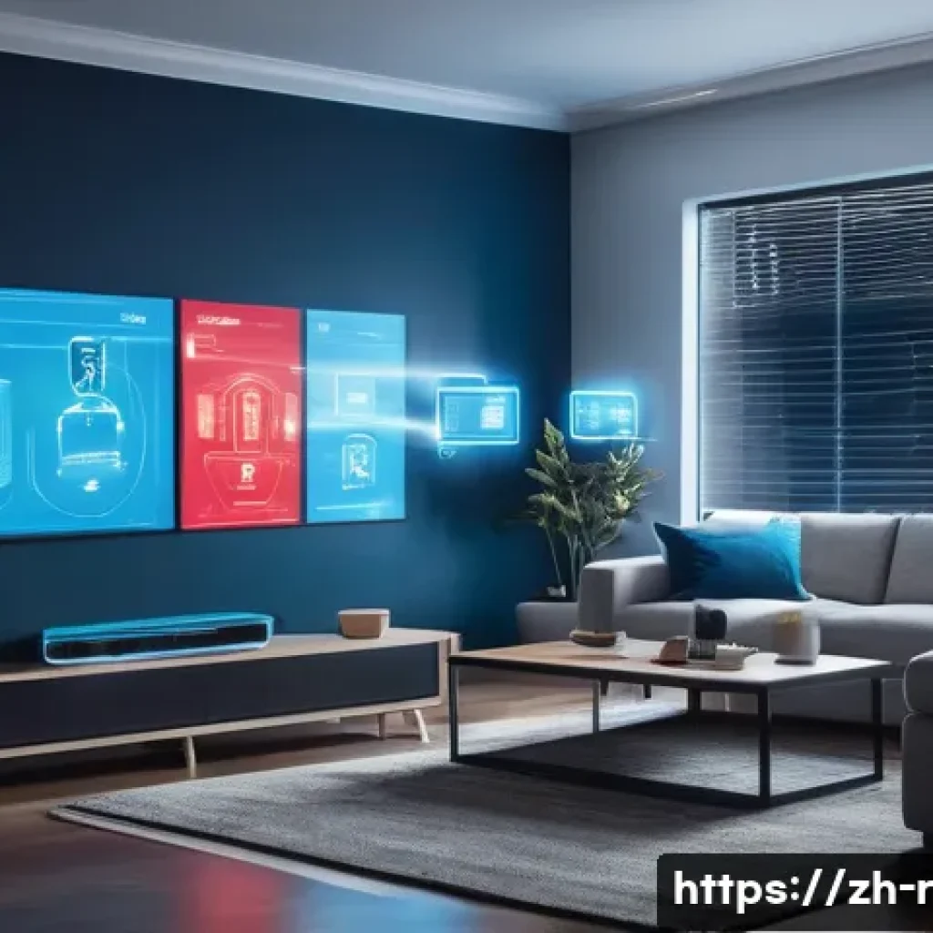 IoT 보안 취약점 - A modern smart home interior showcasing multiple IoT devices like smart cameras, smart lights, and a...