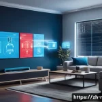 IoT 보안 취약점 - A modern smart home interior showcasing multiple IoT devices like smart cameras, smart lights, and a...
