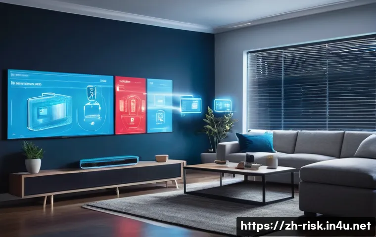 IoT 보안 취약점 - A modern smart home interior showcasing multiple IoT devices like smart cameras, smart lights, and a...