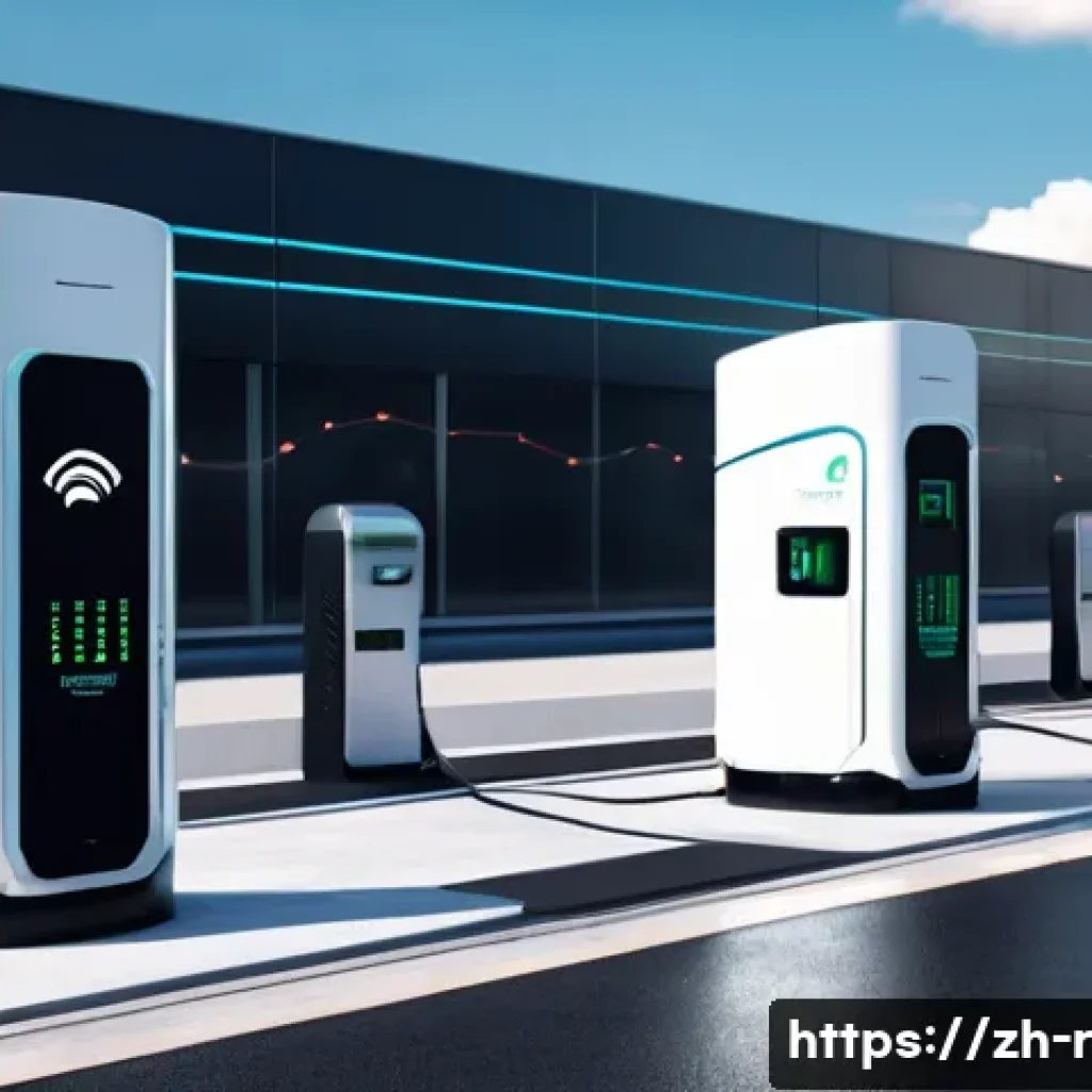 전기차 충전소 보안 문제 - A modern electric vehicle charging station outdoors under a cloudy sky, featuring multiple sleek sma...