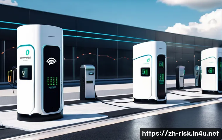 전기차 충전소 보안 문제 - A modern electric vehicle charging station outdoors under a cloudy sky, featuring multiple sleek sma...