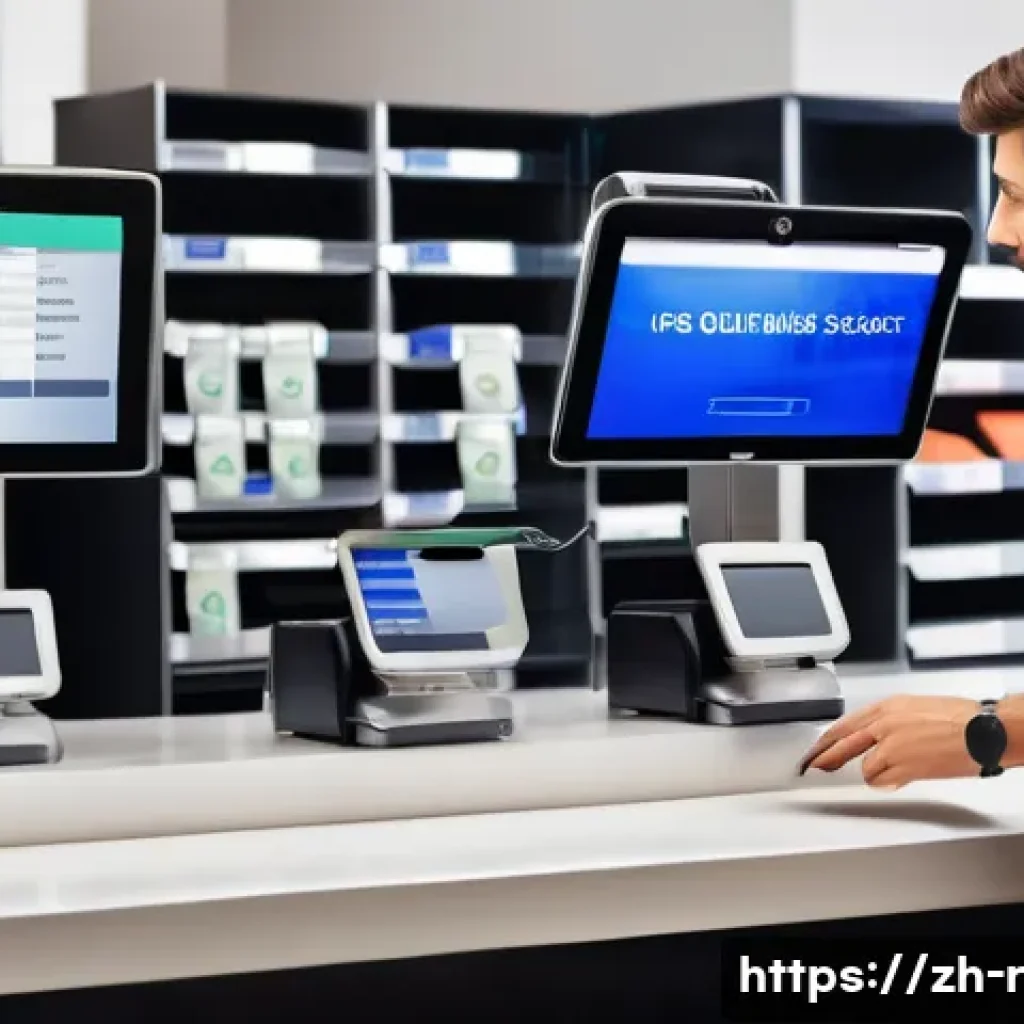 POS 시스템 해킹 사례 - A modern retail store counter featuring a POS terminal secured with tamper-evident labels and survei...