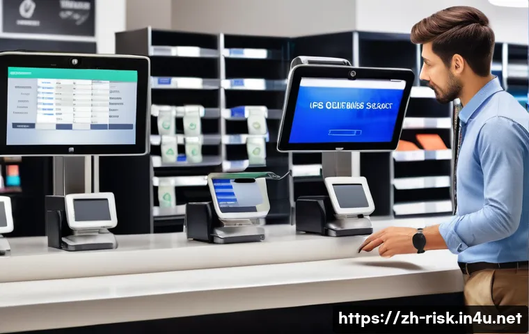 POS 시스템 해킹 사례 - A modern retail store counter featuring a POS terminal secured with tamper-evident labels and survei...