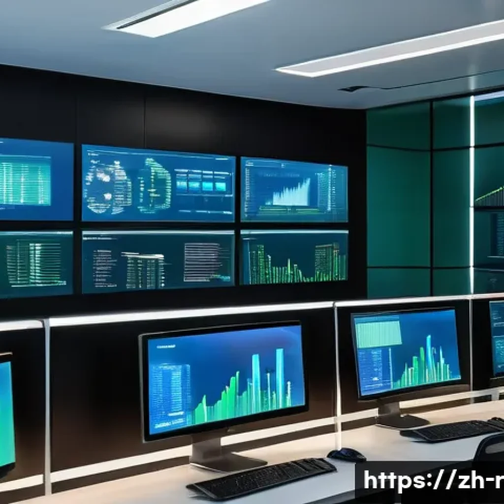 엔드포인트 보안 솔루션 추천 - A high-tech corporate office setting showing a diverse group of IT professionals monitoring endpoint...