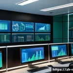 엔드포인트 보안 솔루션 추천 - A high-tech corporate office setting showing a diverse group of IT professionals monitoring endpoint...