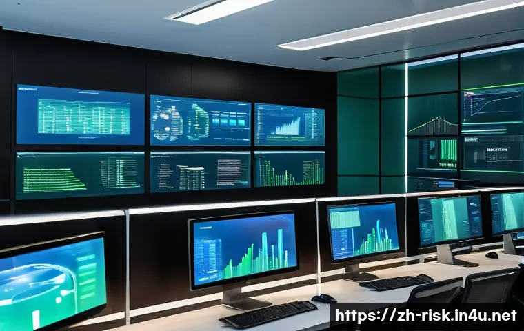 엔드포인트 보안 솔루션 추천 - A high-tech corporate office setting showing a diverse group of IT professionals monitoring endpoint...