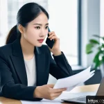 사회공학적 해킹 기법 - A modern office scene depicting a professional woman in business attire receiving a phone call from ...