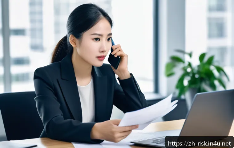 사회공학적 해킹 기법 - A modern office scene depicting a professional woman in business attire receiving a phone call from ...