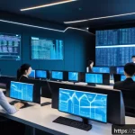 블록체인 스마트 컨트랙트 보안 - A futuristic blockchain security control room with multiple large holographic screens displaying sma...