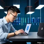 디지털 자산 보안 강화 전략 - A modern digital security workspace featuring a young adult Chinese man sitting at a sleek desk with...