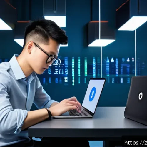디지털 자산 보안 강화 전략 - A modern digital security workspace featuring a young adult Chinese man sitting at a sleek desk with...