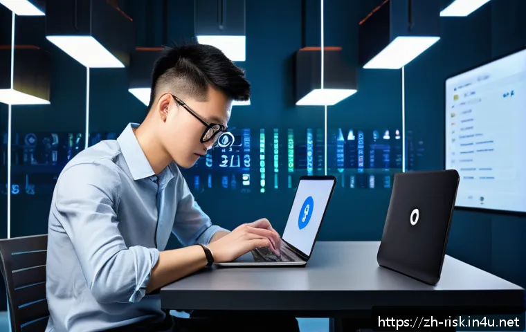 디지털 자산 보안 강화 전략 - A modern digital security workspace featuring a young adult Chinese man sitting at a sleek desk with...