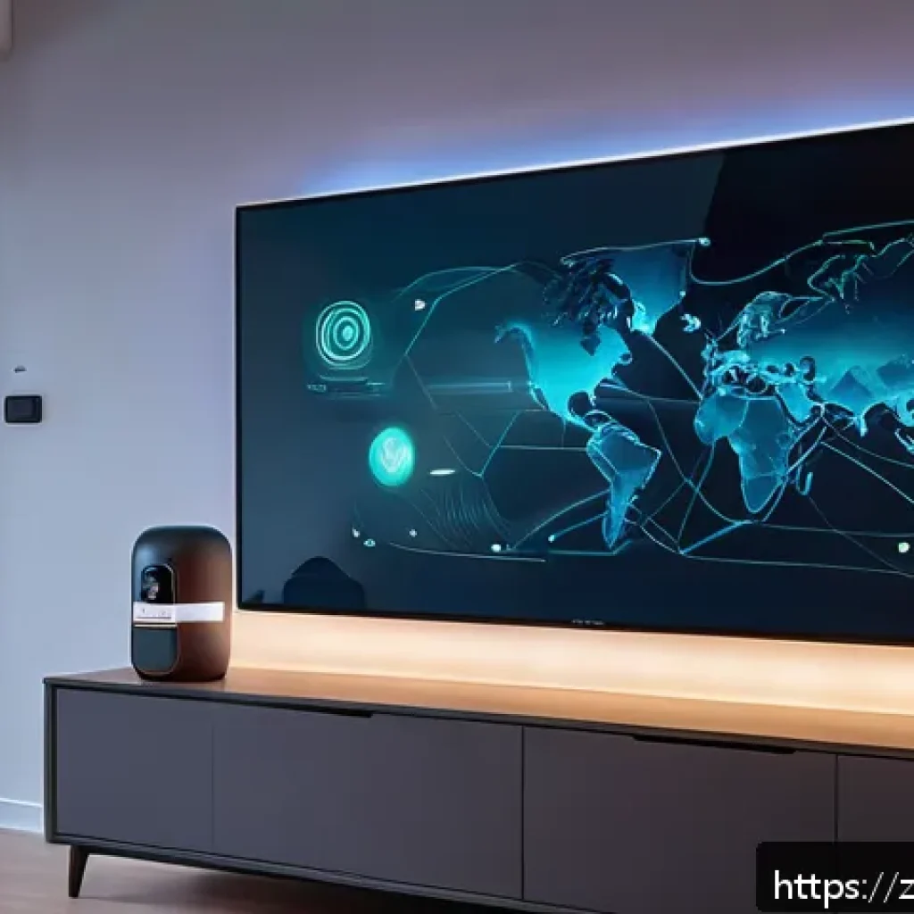 스마트 홈 해킹 사례 - A modern smart home living room scene at dusk, featuring multiple interconnected IoT devices like sm...