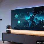 스마트 홈 해킹 사례 - A modern smart home living room scene at dusk, featuring multiple interconnected IoT devices like sm...