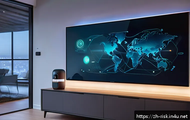 스마트 홈 해킹 사례 - A modern smart home living room scene at dusk, featuring multiple interconnected IoT devices like sm...